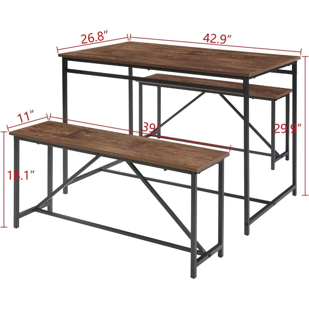 3 Piece Dining Room Table Set 43 Inch Kitchen Table with Two Benches Breakfast Table Top Metal Frame