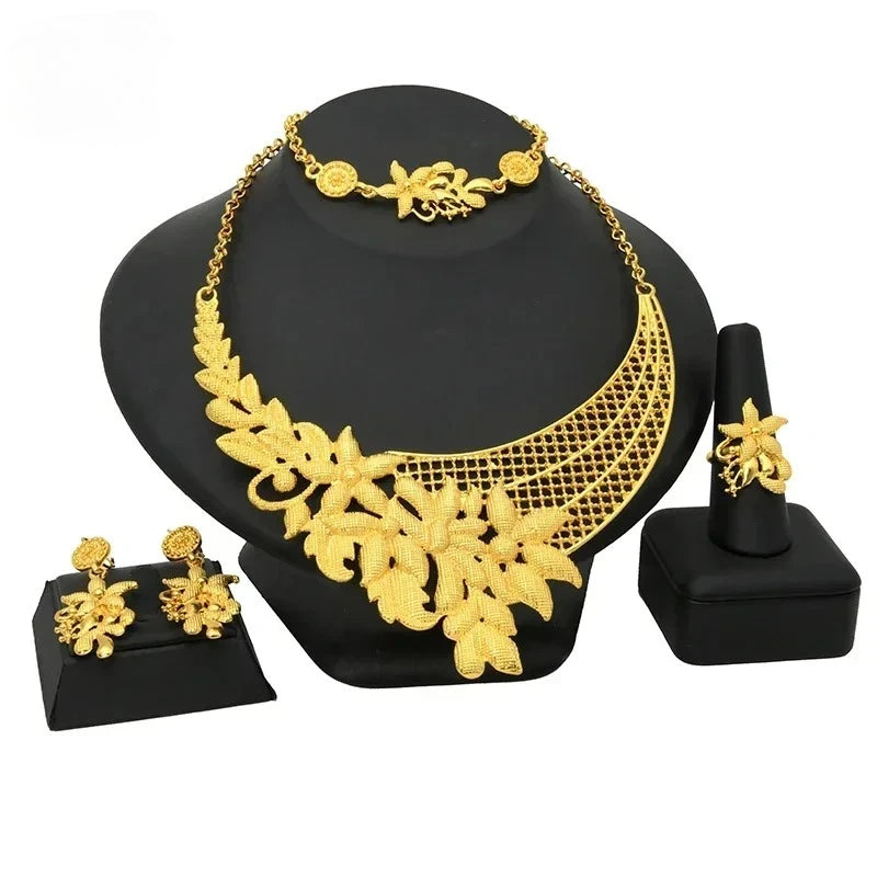 Luxury Ethiopian Multilayer 24k Gold Color Jewelry Set For Women Wedding Dubai Necklace And Earrings Sets Indian Bridal