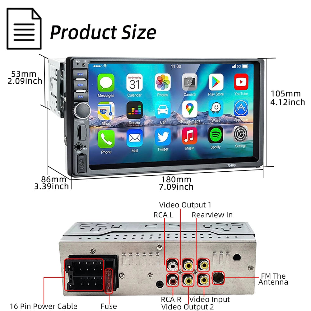 HIPPBQCC 7 Inch 1 Din Car Radio MP5 Multimedia Player Touch Screen FM Bluetooth USB Mirror Link Autoradio