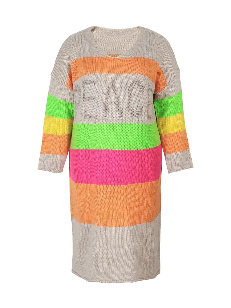Plus Size Women's Colour Block Long Sleeve Sweater Dress for Autumn and Winter