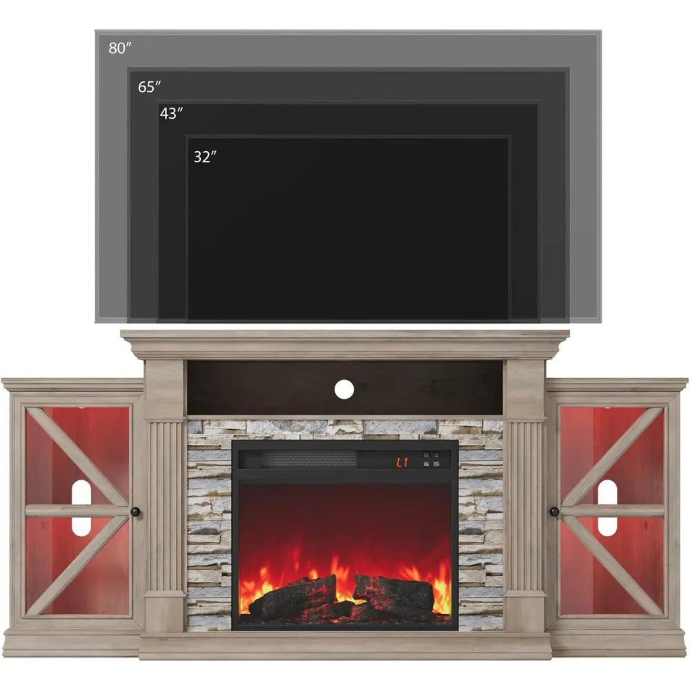 HUANZHUANG Electric Fireplace TV Stand With Glass Doors