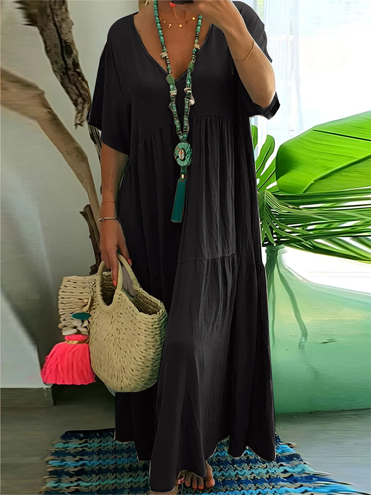 Plus Size Women's Casual Loose Ankle Length Dress V Neck Polyester