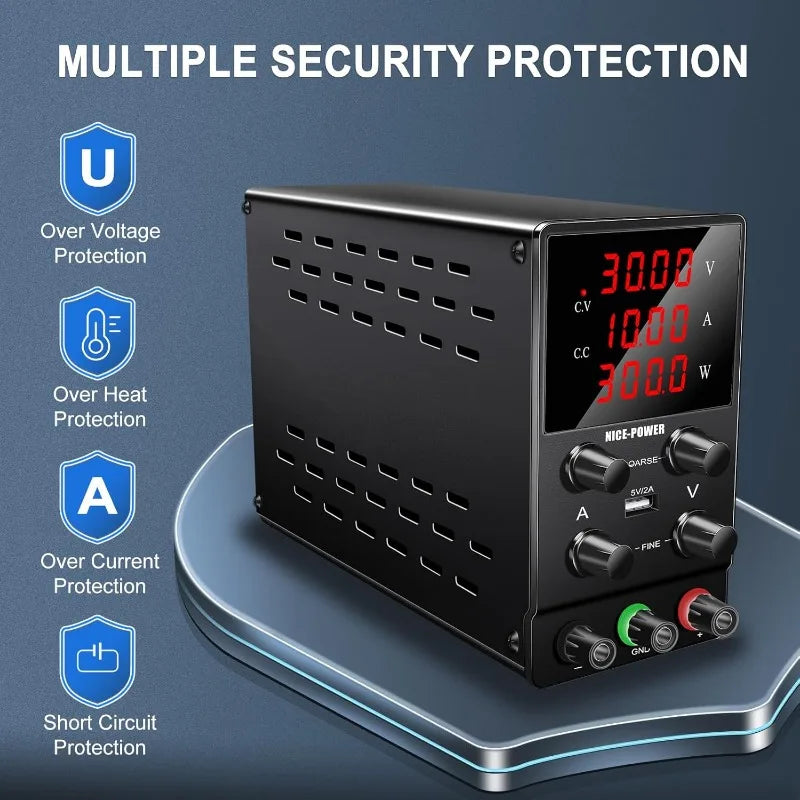 DC Power Supply Variable 30V 10A Adjustable Switching Regulated High Precision 4-Digits LED Display with 5V 2A USB Port