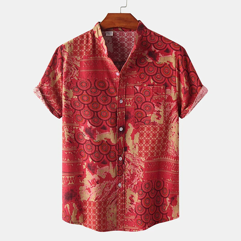 Men's Cotton Polyester Summer Short Sleeve Shirt Boho Geometric Pattern Hawaiian Beach Male Shirts Casual Blouse For Men