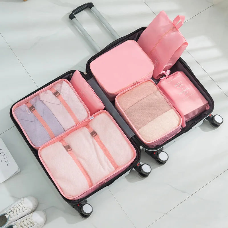 7 Piece Set Travel Bag Organizer for Clothes Luggage and Shoes with Packing Cubes