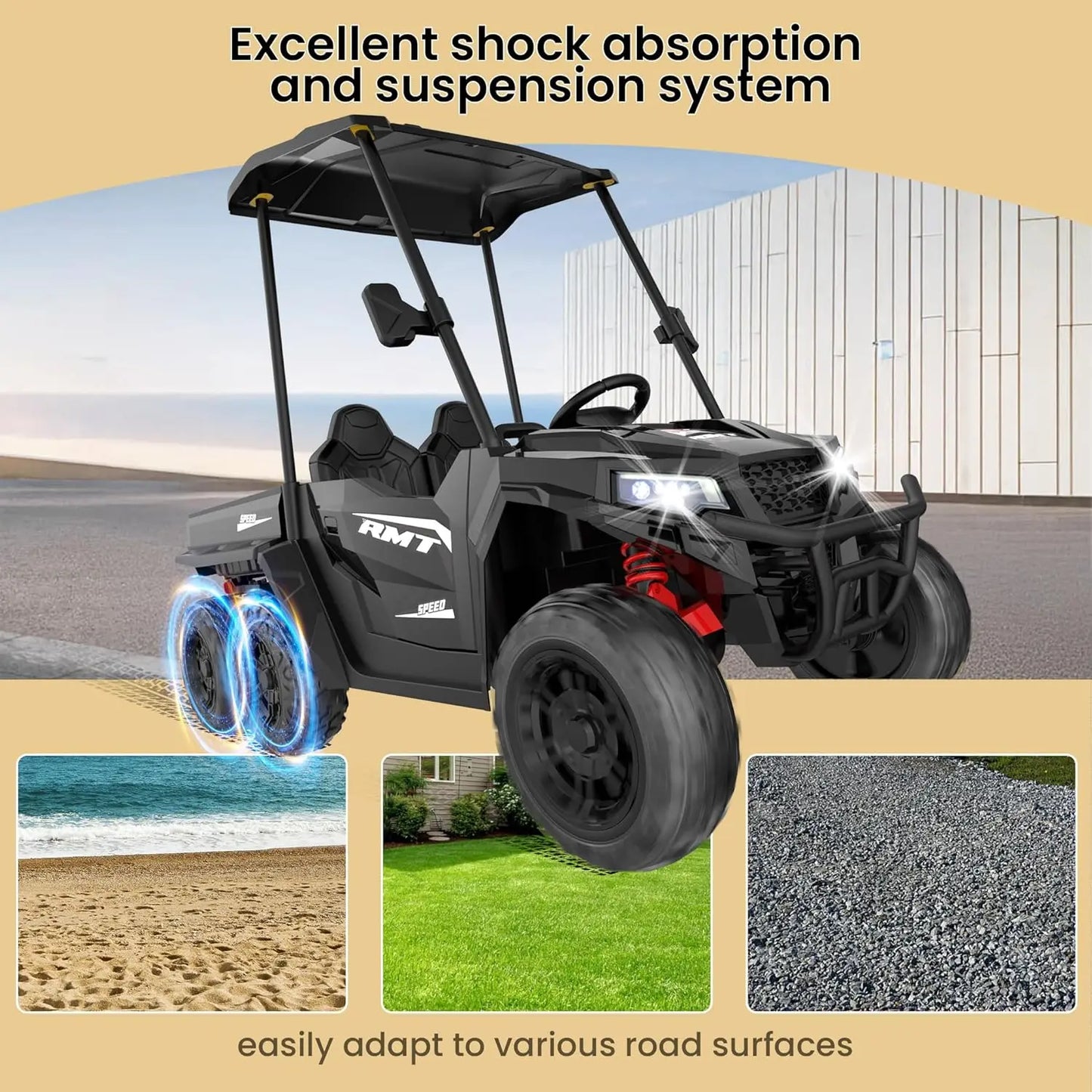 24V Kids Ride On Car Truck 2 Seater Electric Vehicle with Sun Shade Dump Bed and Shovel 4WD for Ages 3 to 12