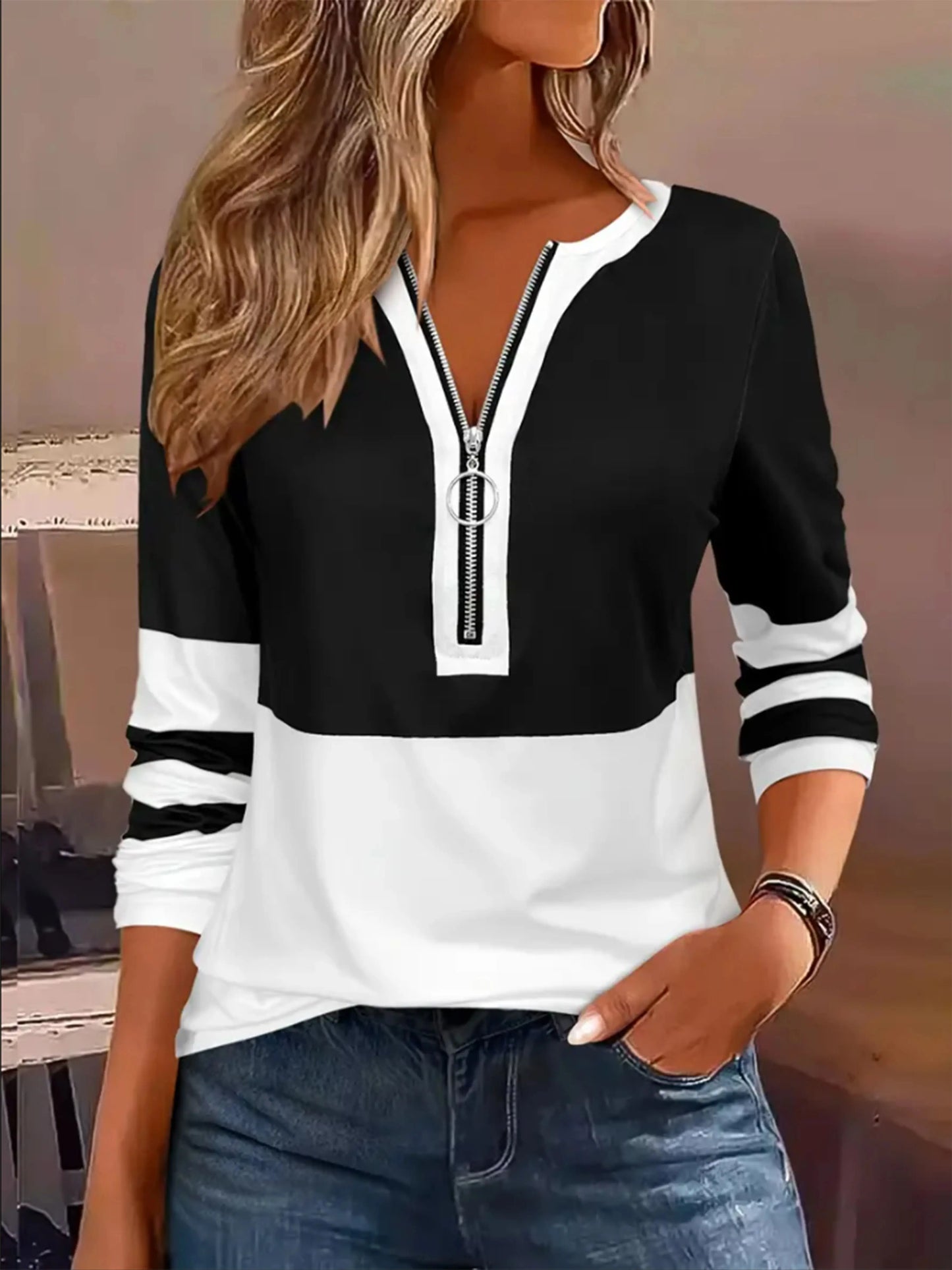 Plus Size Long Sleeve T-Shirt with Geometric Stripes & Color Block Ring Zipper Detail - Fall Fashion