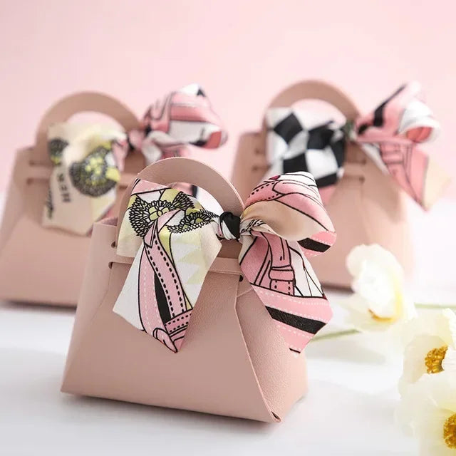 10 Pieces Pink Leather Gift Bags for Weddings and Events Mini Handbags with Ribbon Candy Packaging Box Party Decor
