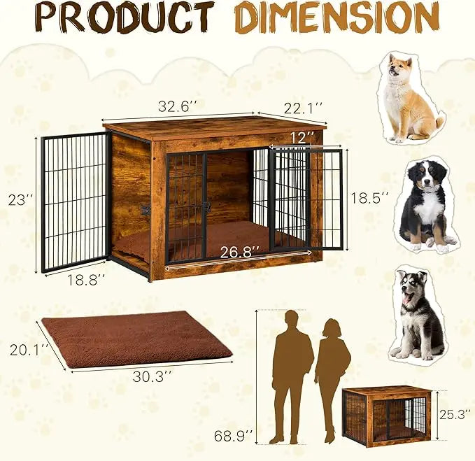 Dog Crate Furniture with Thick Cushion Wooden Side End Table Dog Cage with Double Doors Chew Resistant Kennel for Home
