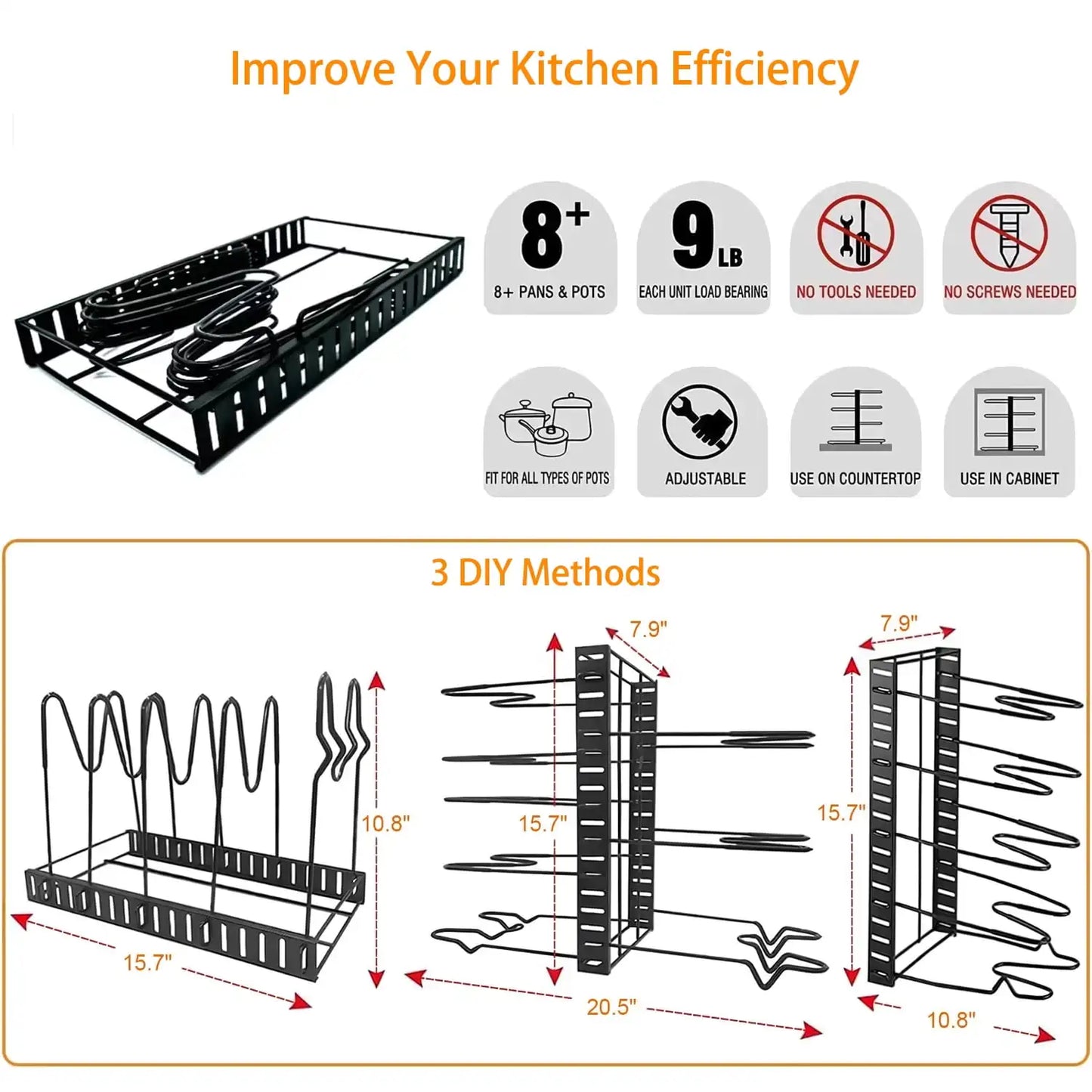 Pot Organizer Rack 8 Tiers Pots and Pans Organizer Pot Lid Organizer for Kitchen Cabinet Cookware Storage Upgrade