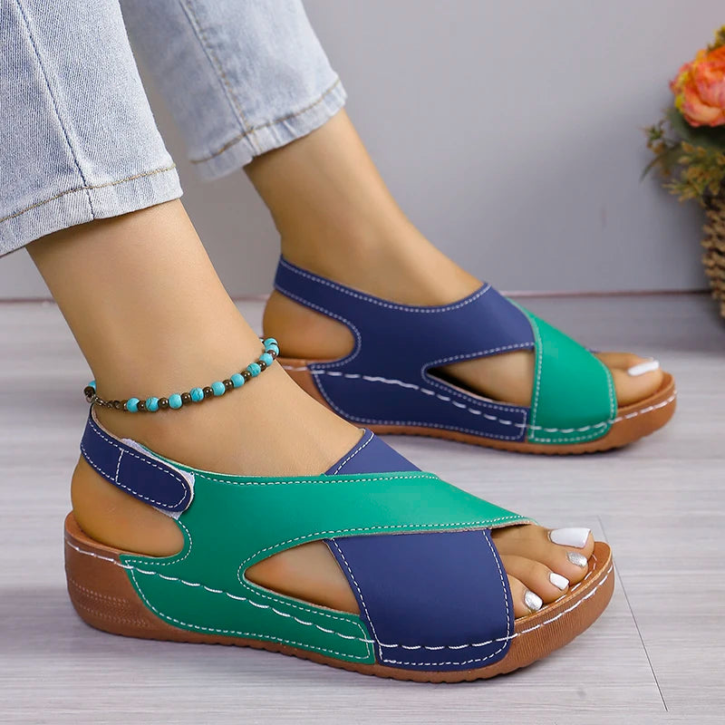 New Women's Contrast Color Wedge Sandals Summer Peep Toe Non Slip Beach Shoes Comfortable Platform Roman Sandals