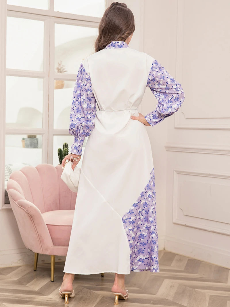 Elegant Floral Print High Neck Belted Long Dress for Spring