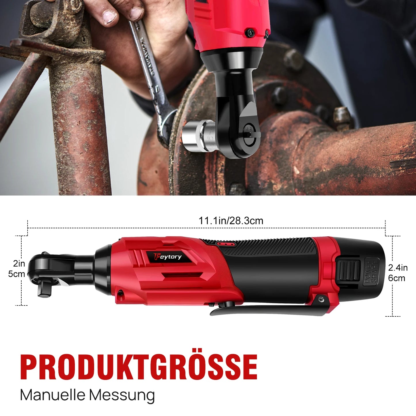 Feytory 200Nm High Torque 90 Degree Cordless Ratchet Wrench Set 3/8 Inch Angle Wrench with 2 Durable 1500mAh Lithium Ion Batteries and 7 Piece Socket Set