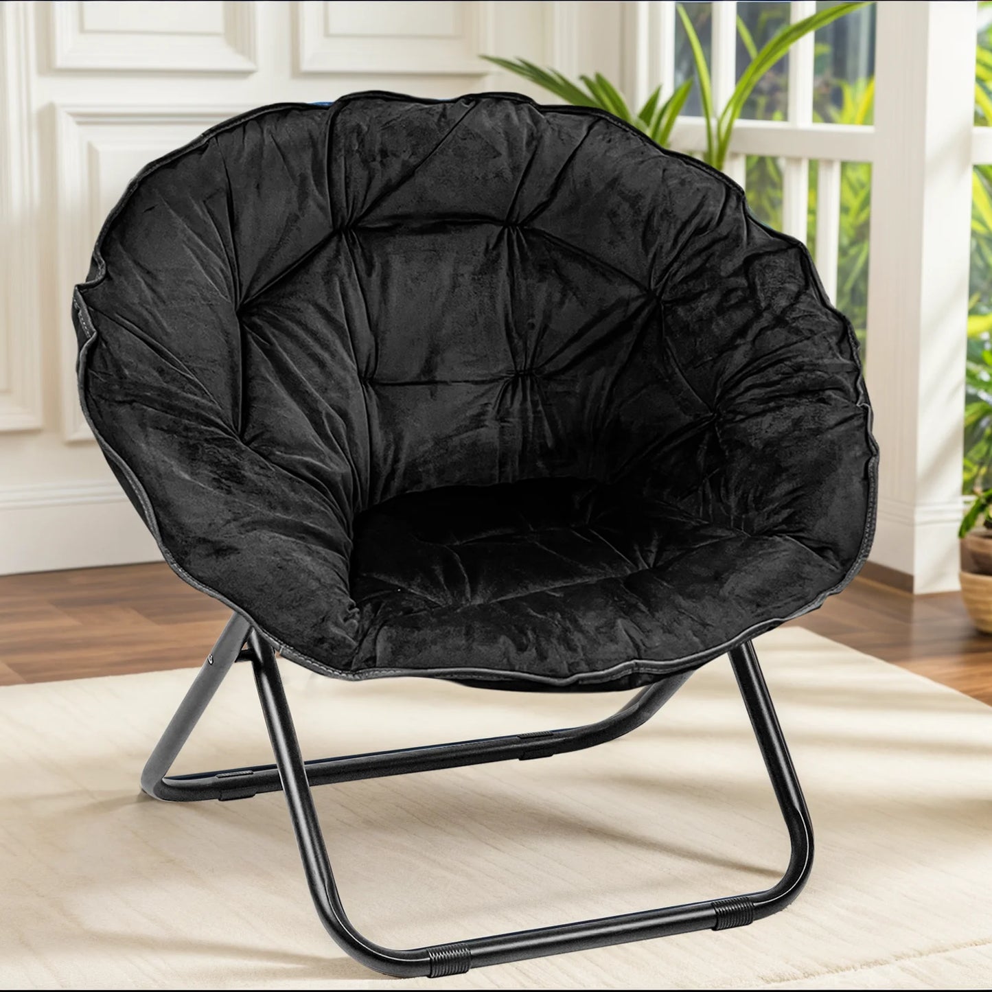 Grezone Round Foldable Saucer Chair, Moon Chair with Metal Frame for Bedroom