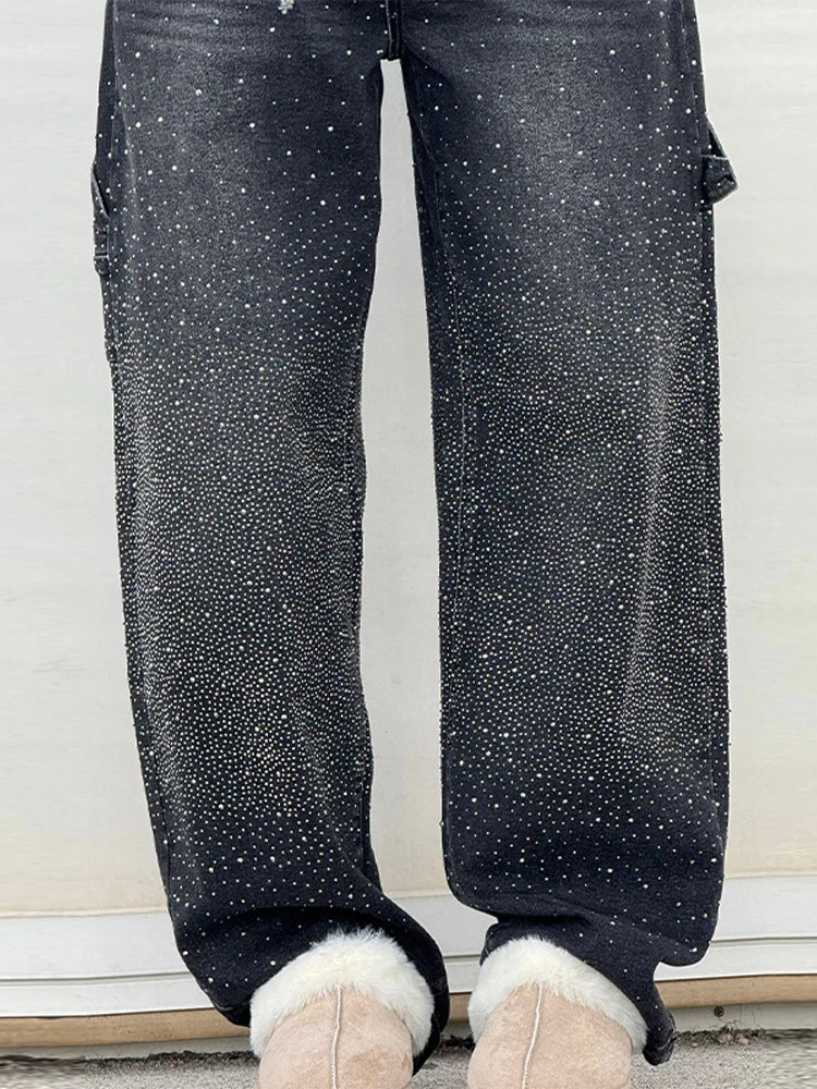 Shiny Rhinestone Baggy Women's Wide Leg Jeans Full Diamond Dragging Denim Pants Vintage Washed Casual Trousers