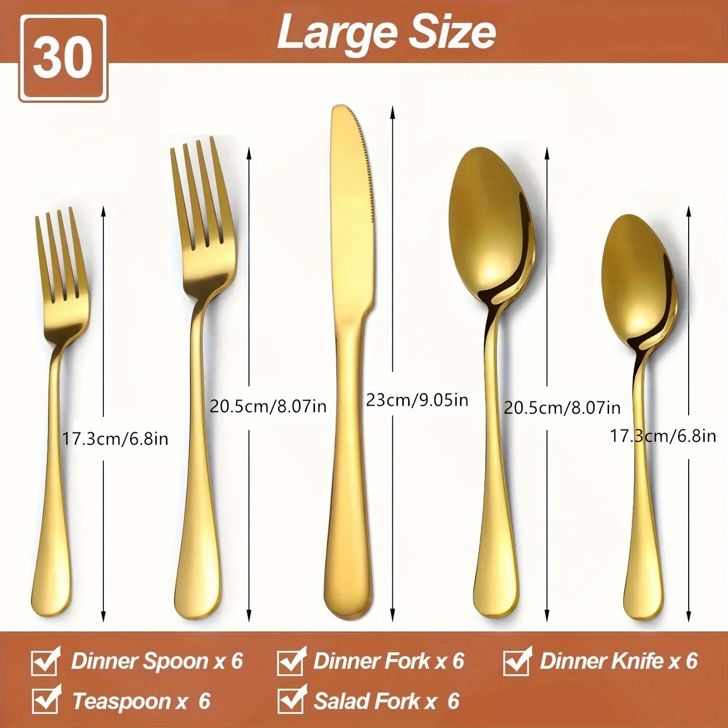30 60 Piece Luxury Golden Flatware Set Stainless Steel Cutlery Includes Dinner Spoons Dinner Forks Salad Forks Dinner Knives