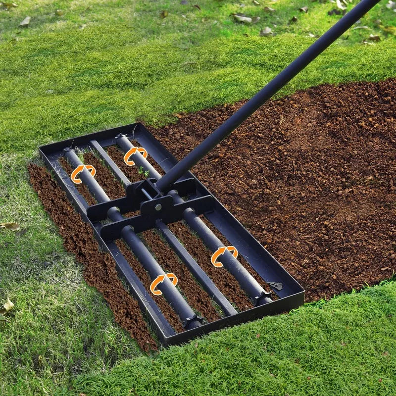 4 Spiked Wheels and Smooth Roller Lawn Leveling Rake for Landscaping and Restoration