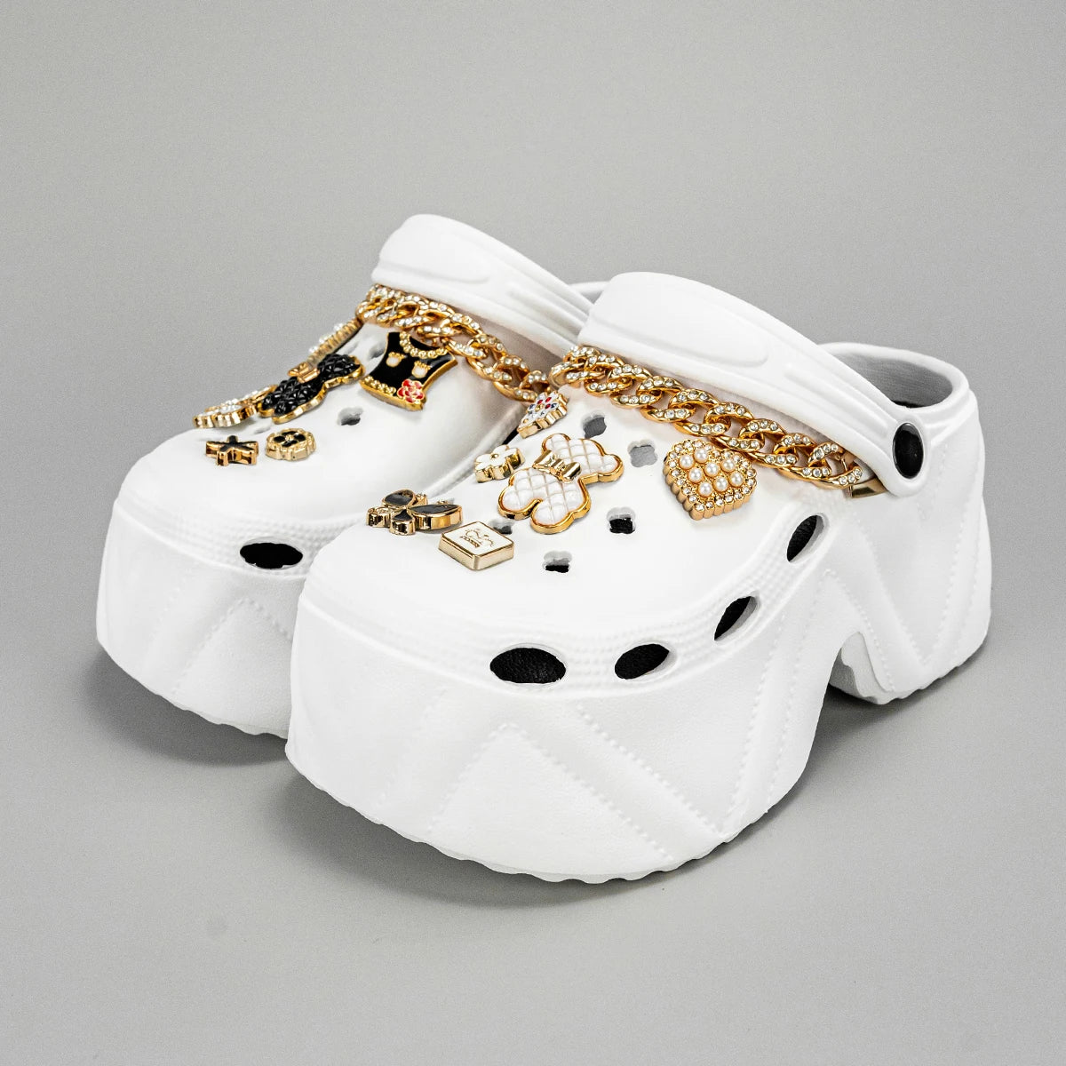 New Fashion Chain Black and White Bear High Heel Imitation Leather Pattern Clogs