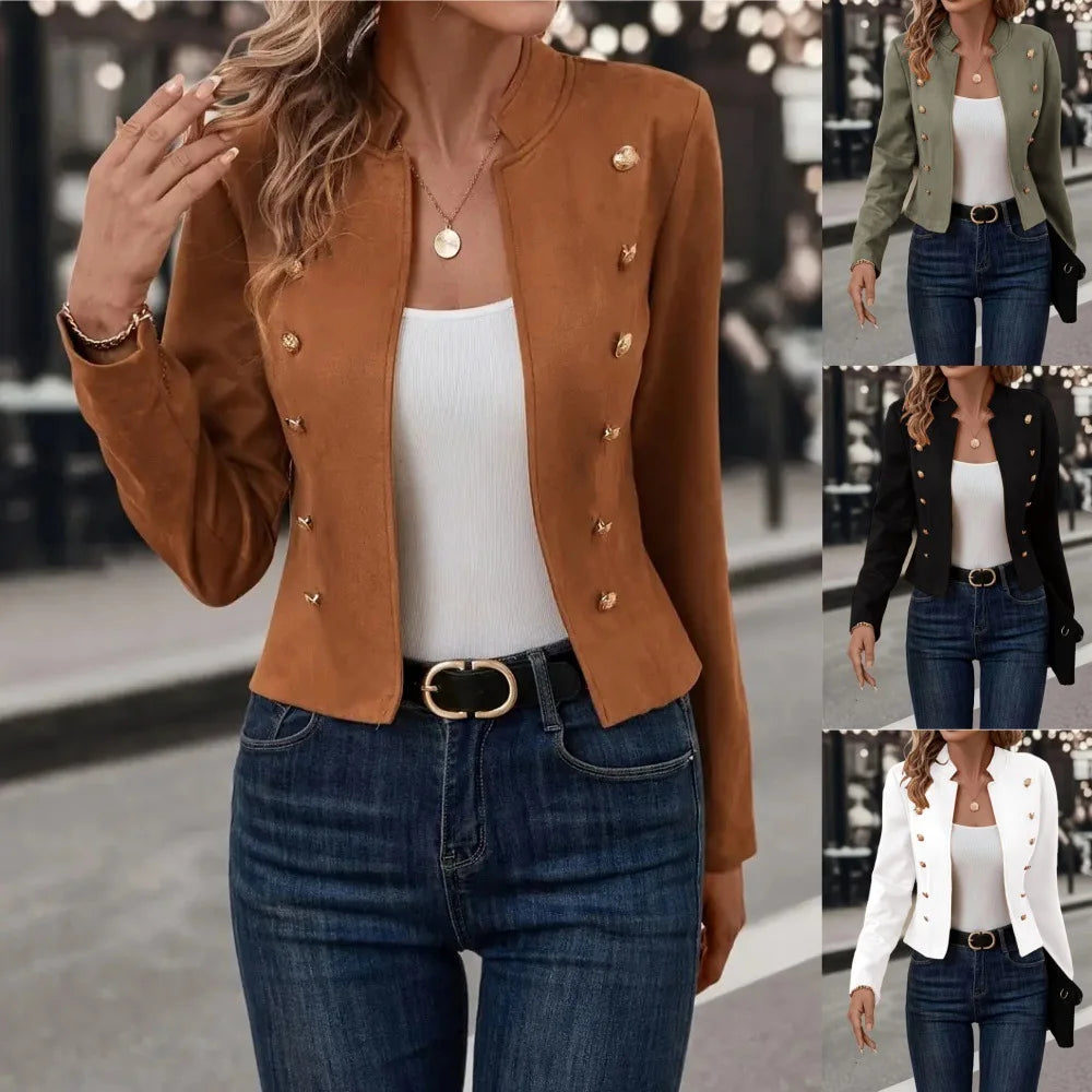 Women Jacket Stand Collar Long Sleeve Double Breasted Blazer Solid Polyester
