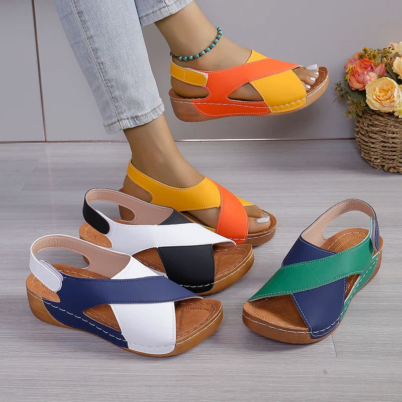 New Women's Contrast Color Wedge Sandals Summer Peep Toe Non Slip Beach Shoes Comfortable Platform Roman Sandals
