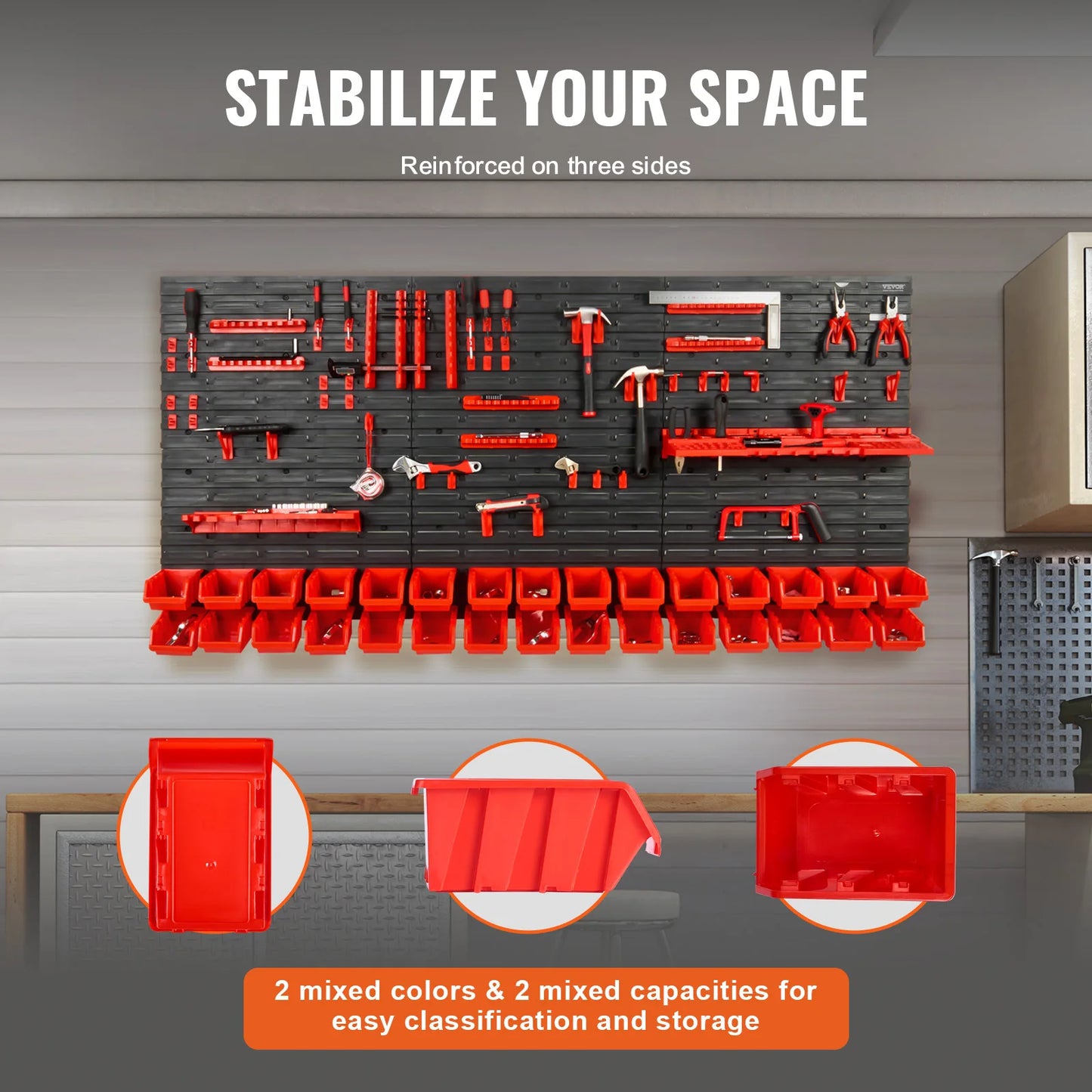 VEVOR Wall Mounted Storage Bins 30 48 Bin Parts Rack Organizer with Wall Panels Hooks Plastic Shop Tool for Screws Nails