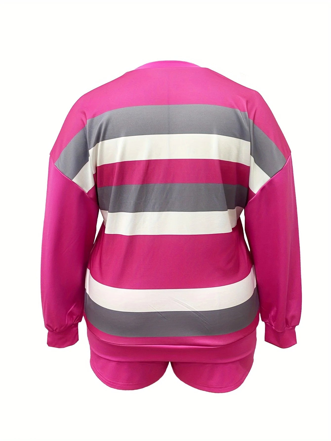 Casual Striped Printed O-neck Long Sleeved Sweatshirt and Shorts Two-piece Shorts Set