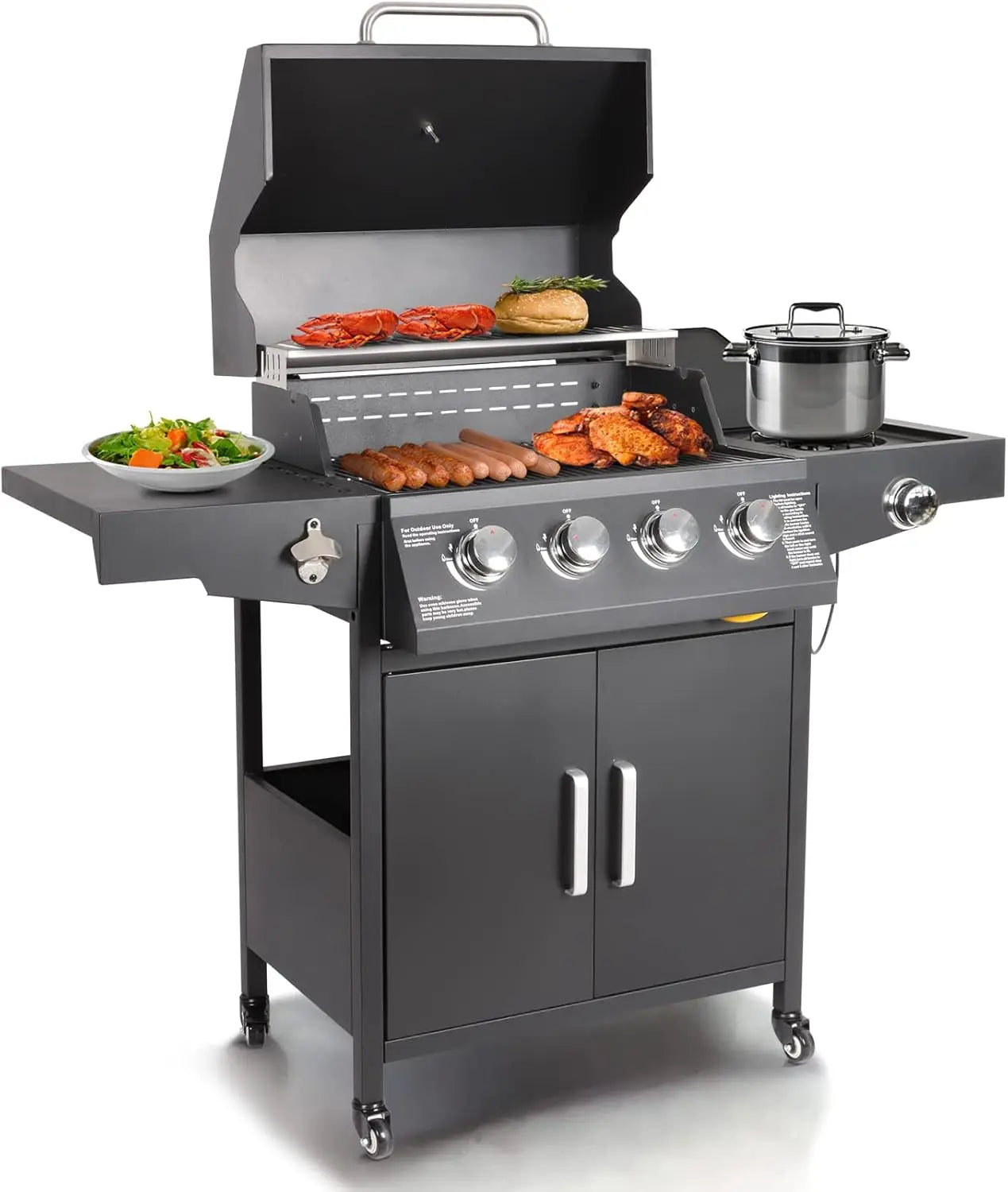 Propane Gas Grill 4 Burners with Side Burner Stainless Steel Grill Cart with Wheels for Outdoor Patio Garden Backyard Cooking