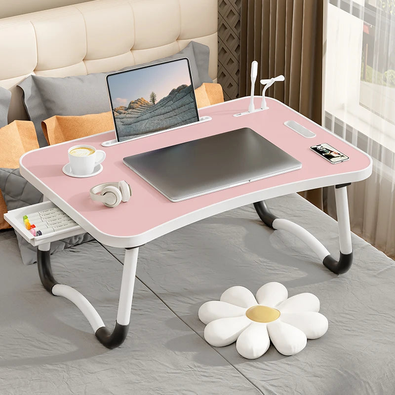 Portable Laptop Desk with USB Light Small Fan Cup Holder Tablet Slot and Lifting Handle Foldable Laptop Table for Working