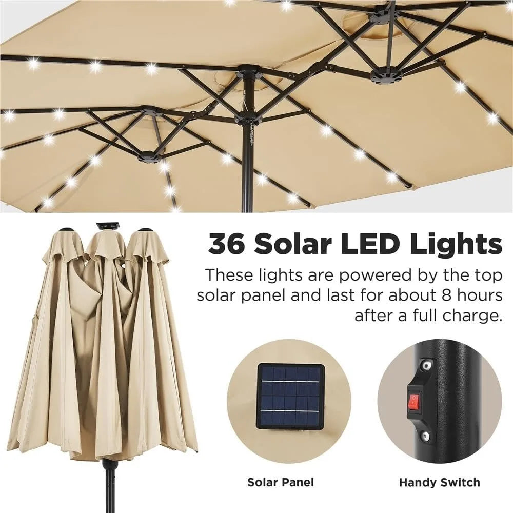 15 Ft Large Patio Umbrella with Solar Lights Double Sided Outdoor Rectangle Market Umbrella with 36 LED Lights and Base Included
