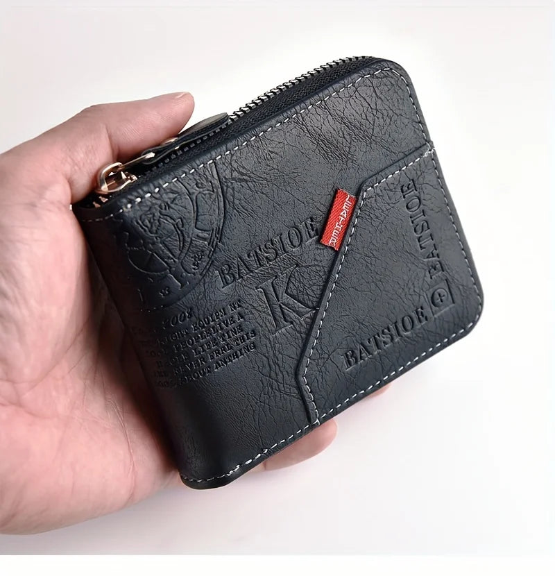 Men's PU Wax Oil Skin Wallet Zipper Around Coin Purse Short Card Holder for Men