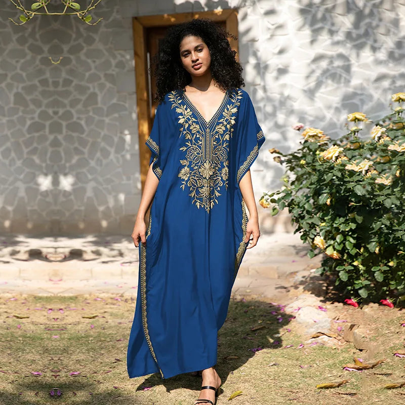 Gold Embroidery Beach Dress with Side Split Design and Oversized Fit