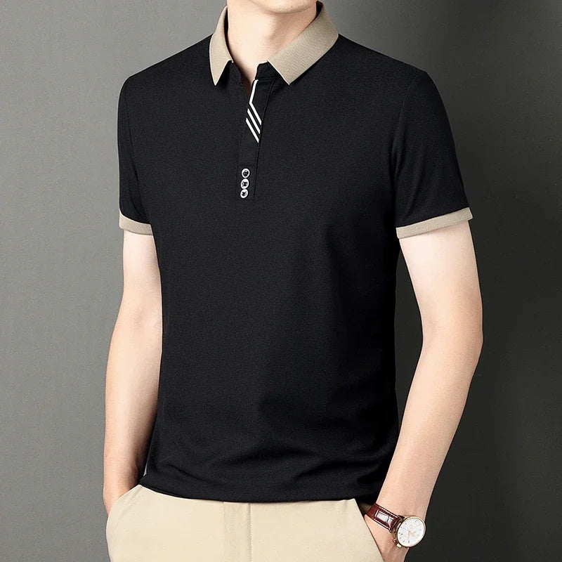 Men's Solid Color Casual Short Sleeve Polo Shirt for Summer Business and Leisure