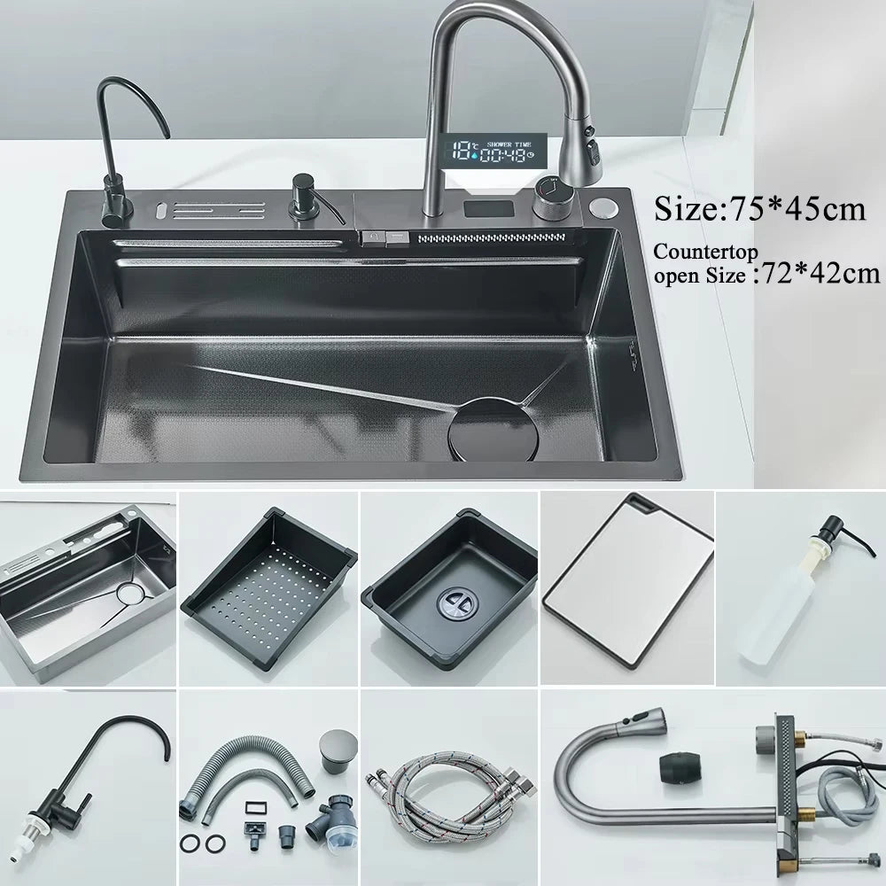 304 Stainless Steel Large Single Slot Waterfall Kitchen Sink with Integrated Digital Display Faucet Set and Soap Dispenser