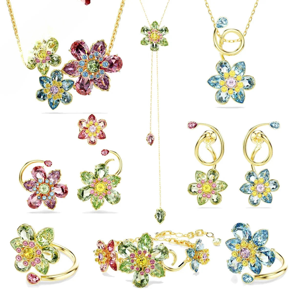 Original 2025 New Trend Fine Party Jewelry Set Charming Blue Green Flower Crystal Pendant Fashion Women's Necklace Earrings Ring
