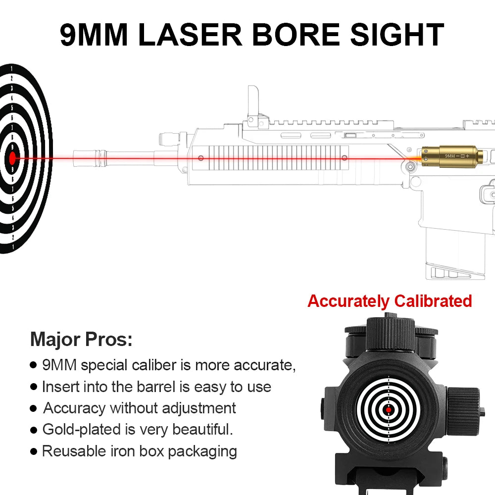 9MM Optics Cartridge Red Dot Laser Bore Brass 9MM Bore Boresighter For Pistol Rifle Scope Hunting Accessories 6 Batte