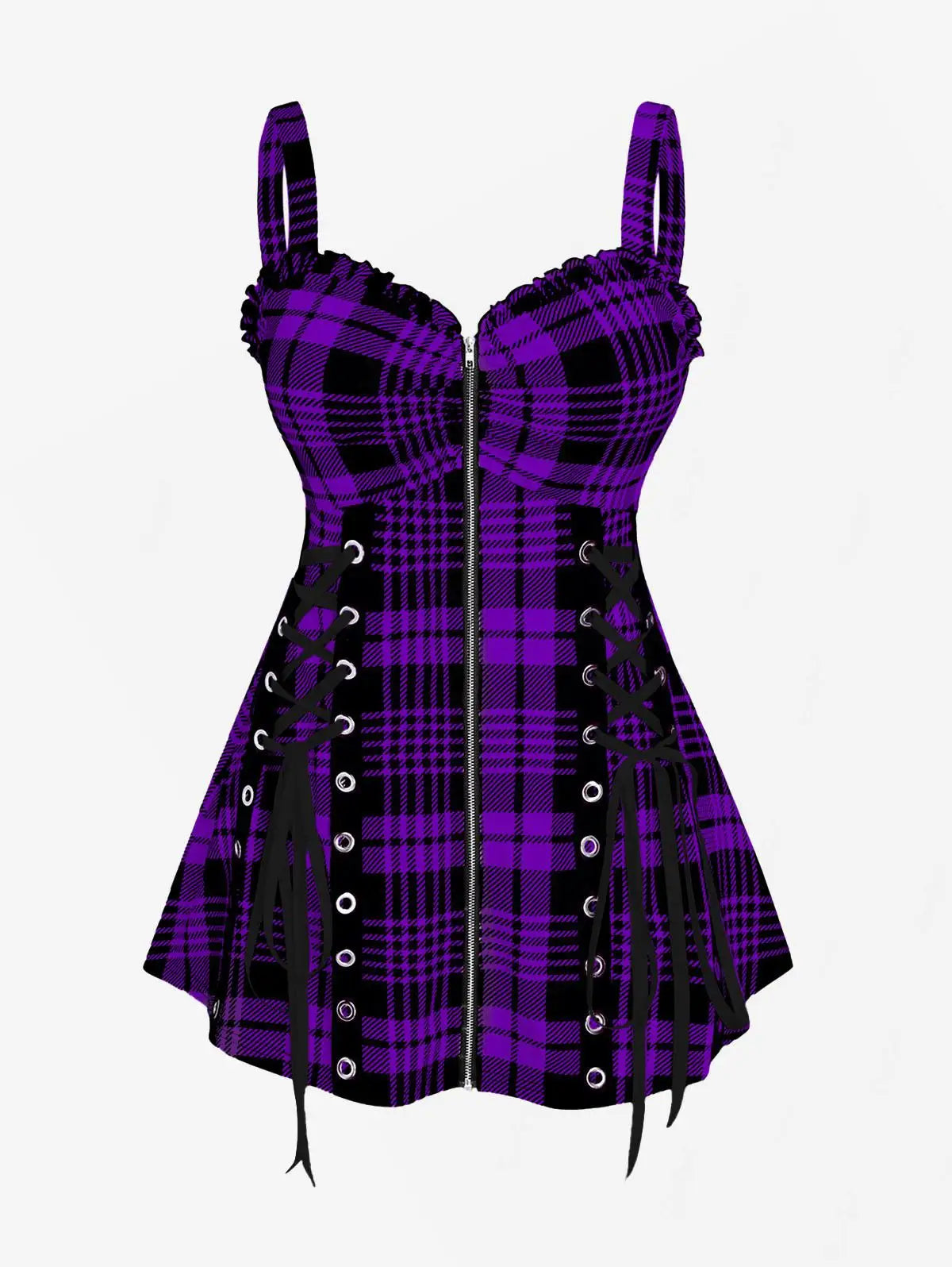 Rosegal Plus Size Plaid Tank Top Sweetheart Neck Front Full Zipper Ruffle Vest Women Summer Streetwear Lace Up Tops 5XL