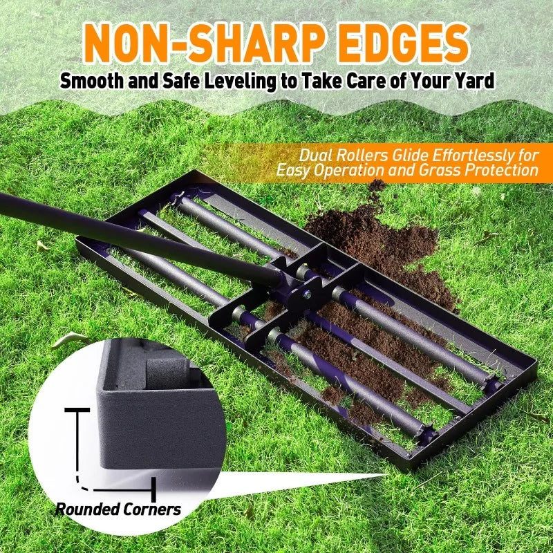 4 Spiked Wheels and Smooth Roller Lawn Leveling Rake for Landscaping and Restoration