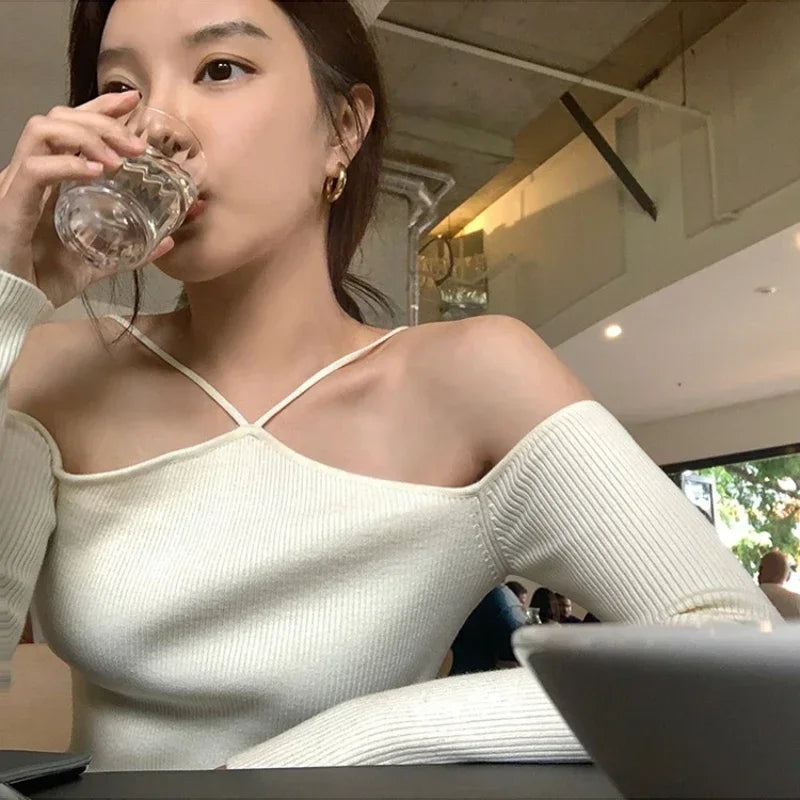 Women Off Shoulder Knitted Crop Sweater Slim Fit Long Sleeve Halter Top Y2K Fashion Pullover Korean Streetwear