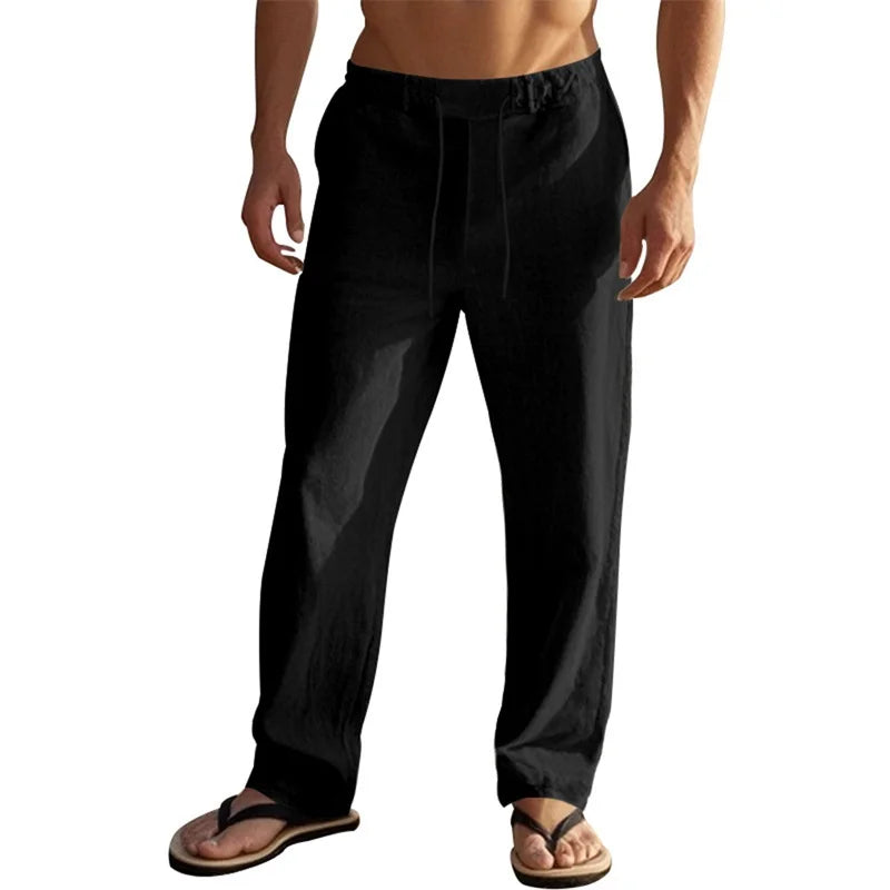 Men s Lightweight Drawstring Linen Pants with Pockets Comfortable Straight Leg Casual Trousers for Summer Beach Wear