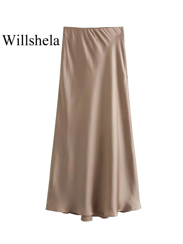 Willshela 2024 Black Satin Skirt Women's High Waist Elegant Long Midi Skirt for Office Fashion