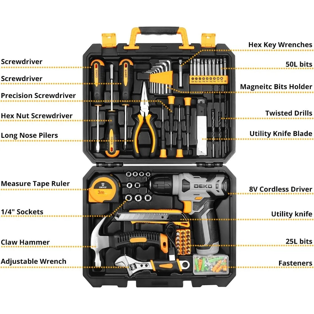 Tool Kit with 8V Cordless Drill and 126 Piece Home Tool Set