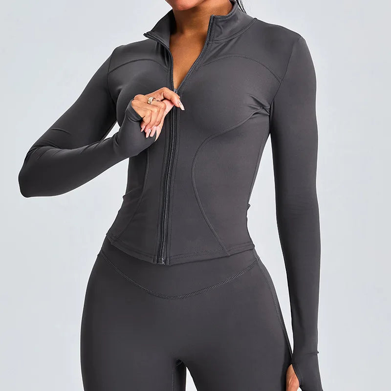 Zipper Long Sleeve Sports Jacket for Women Fitness Yoga Shirt Gym Top Activewear Running Coats Push Up Workout Clothes