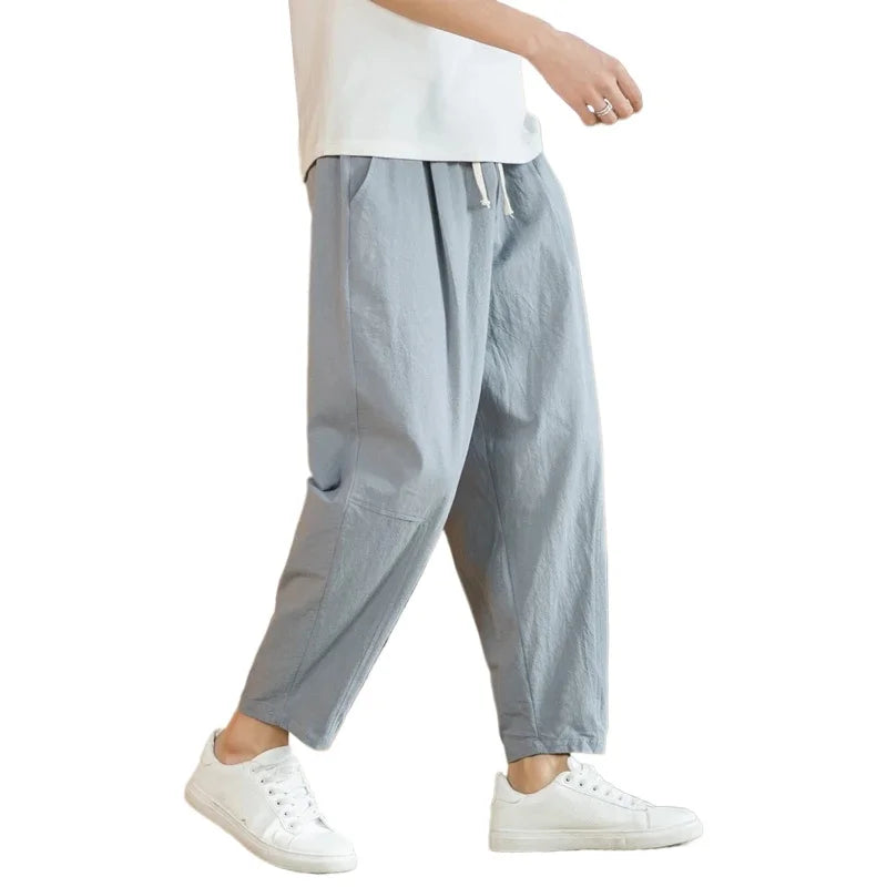 New Cotton Linen Men's Casual Solid Color Breathable Streetwear Loose Straight Drawstring Baggy Lightweight Sport Pants