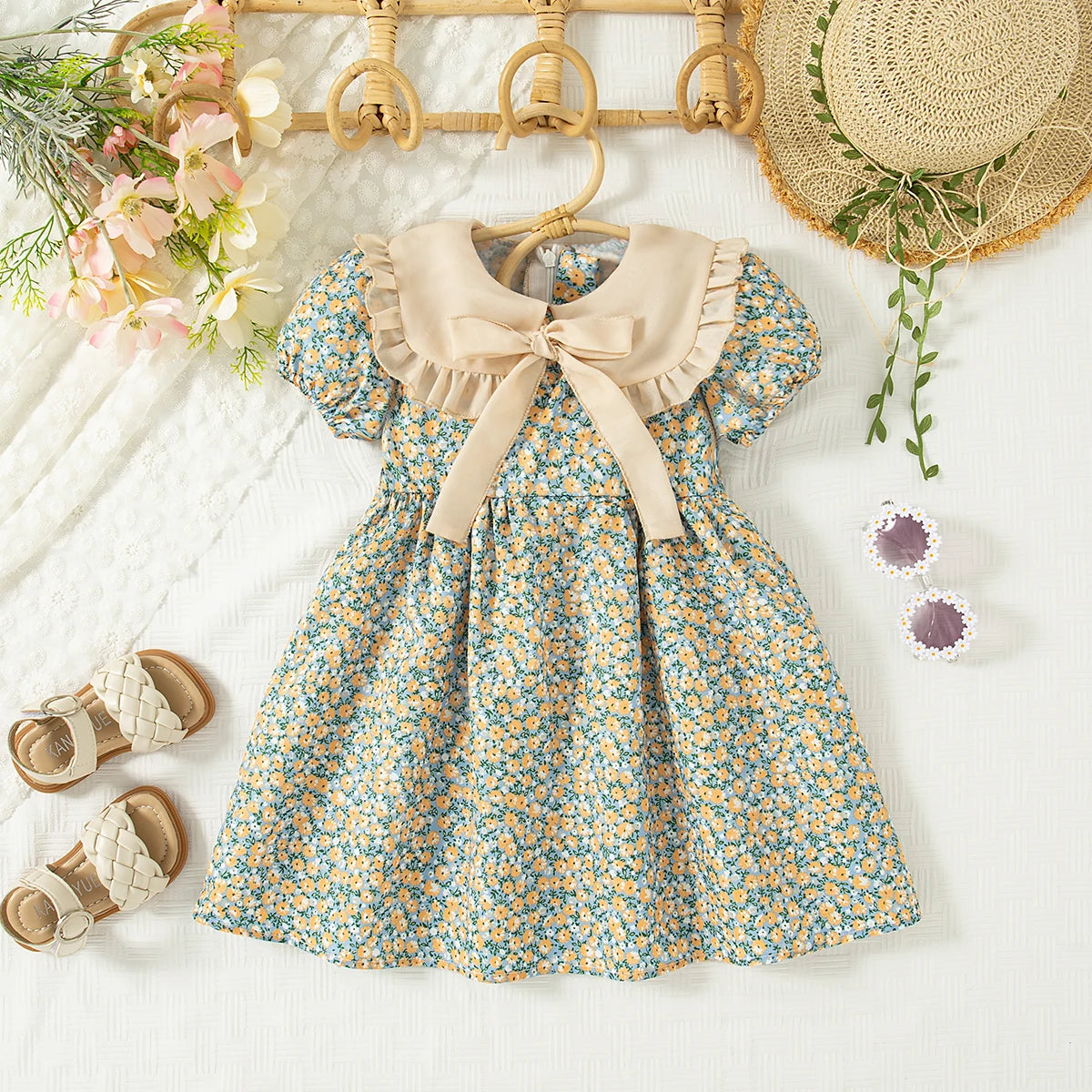 Baby Girl Summer Floral Bow Short Sleeve Dresses Cute Cotton Clothing for Girls 1-3 Years
