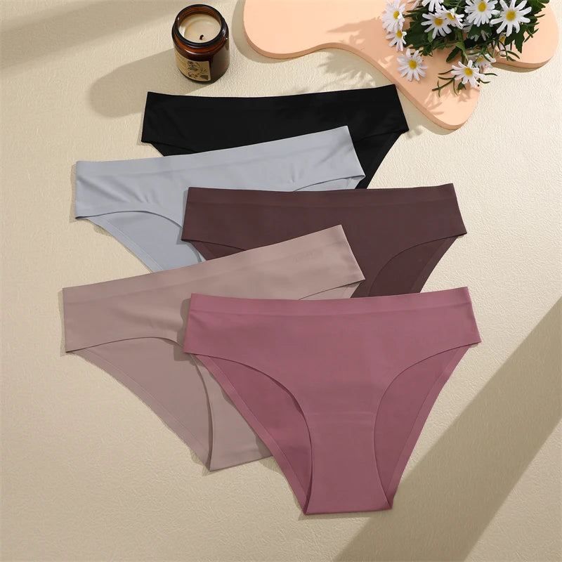 Finetoo 5PCS Seamless Panties for Women Sexy Ice Silk Underwear Solid Briefs Low Waist Comfortable Invisible Lingerie Intimates