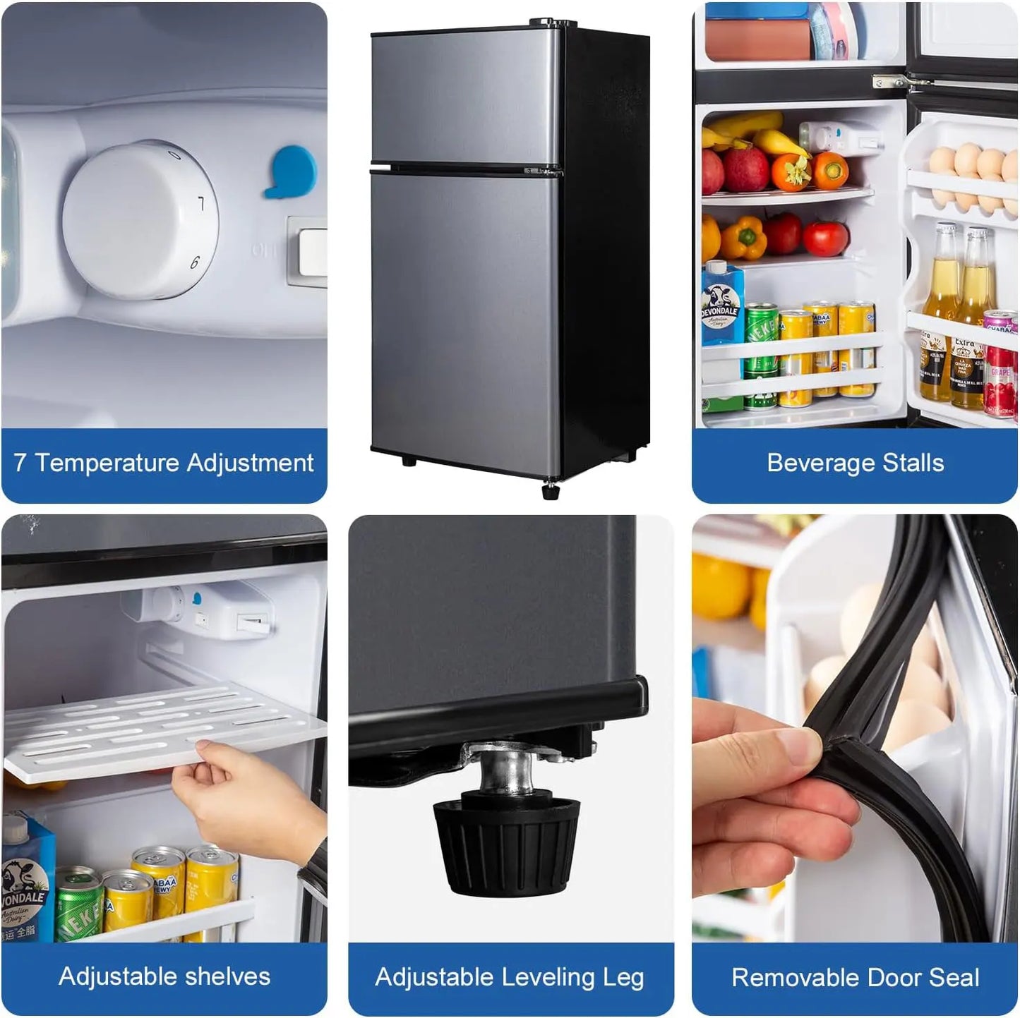 Mini Fridge with Freezer 2.9 Cu Ft Small Refrigerator Energy Saving Low Noise 7 Adjustable Thermostat Double Door Design