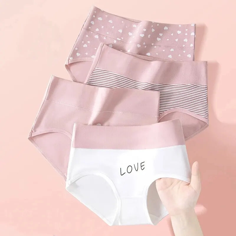 4Pcs Women's High Waist Underwear Fashion Print Briefs Breathable Cotton Plus Size M-5XL Female Lingerie