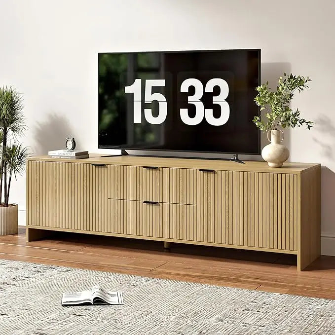 HUANZHUANG Fluted TV Stand With 4 Drawers And Shelves