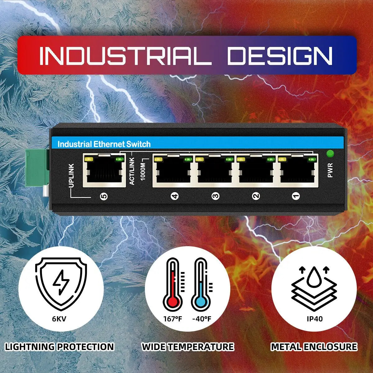 Industrial 5 Ports Gigabit PoE Switch 12V to 48V DC Input 48V DC PoE Output 10/100/1000Mbps Ethernet Switch