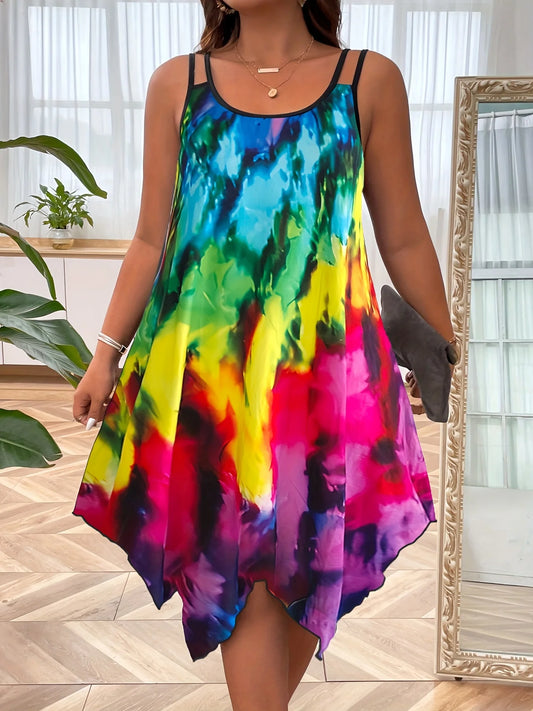 2025 Plus Size Fashion Colorful Tie Dye Style Spaghetti Strap Dress Plus Size Casual Spring Summer Wear
